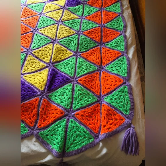 Vintage Colorful Geometric Handmade Crochet Blanket Afghan - Picture 6 of 14